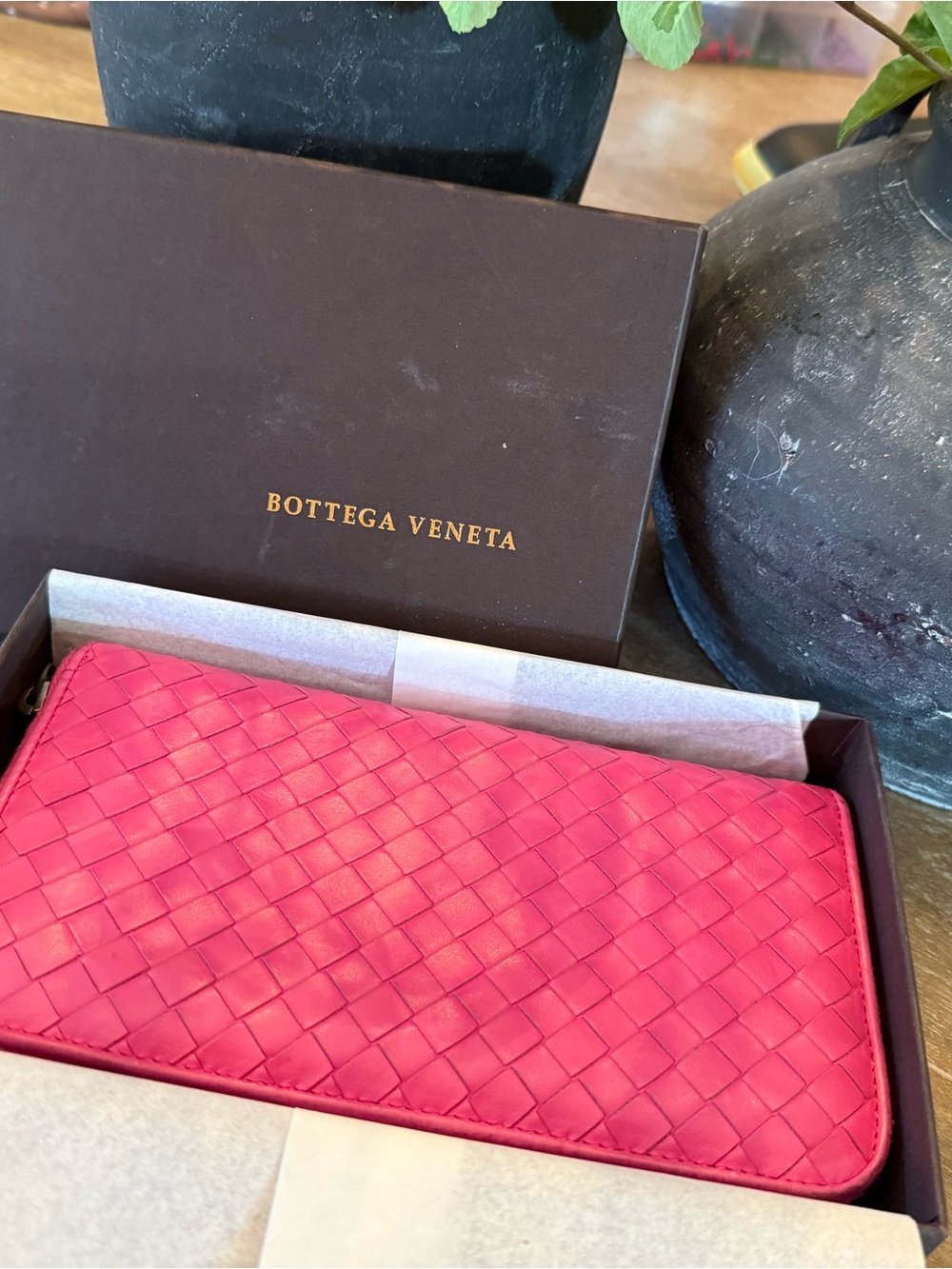 Bottega Veneta Hot Pink Intrecciato Leather Zip Wallet